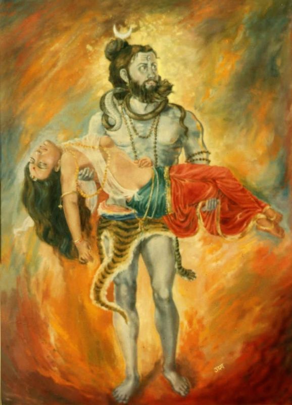 A depiction of Lord Siva holding the body of Sati